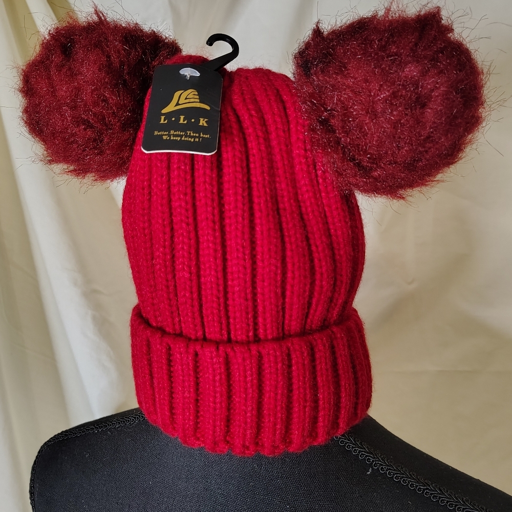 Kids Red Double Pom-Pom Beanie Lined With Extra Faux Fur